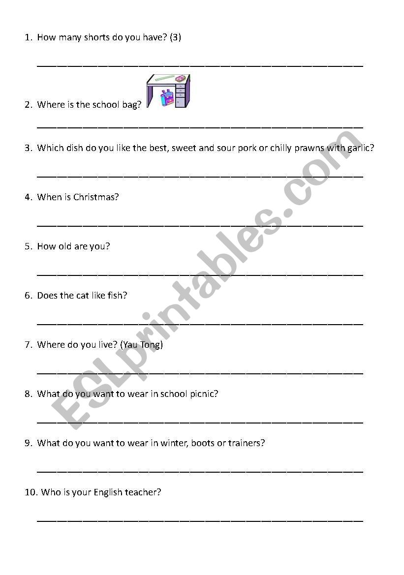 Different Kinds of questions worksheet