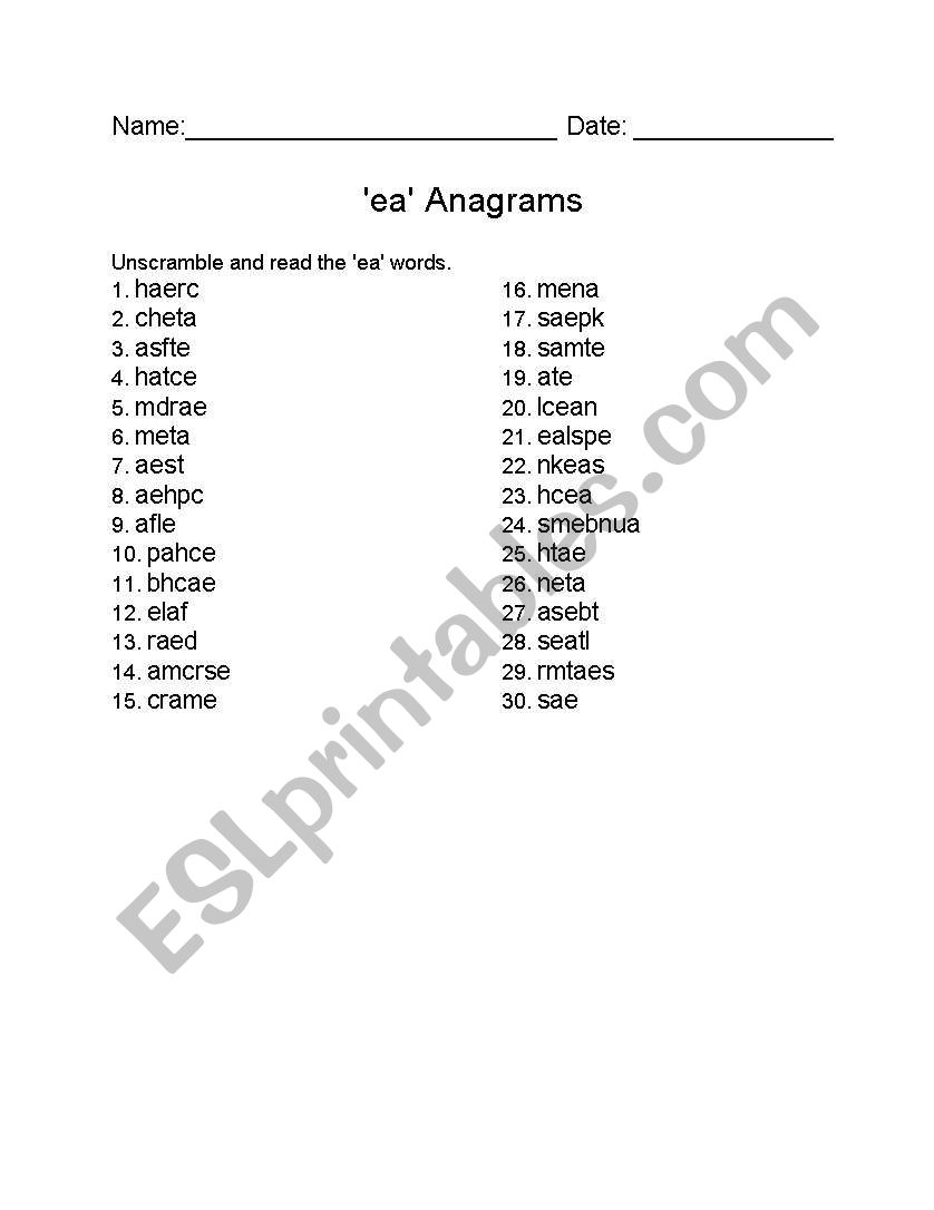  EA anagrams worksheet