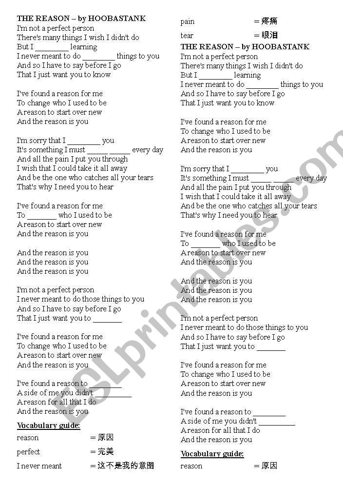 THE REASON  by HOOBASTANK worksheet