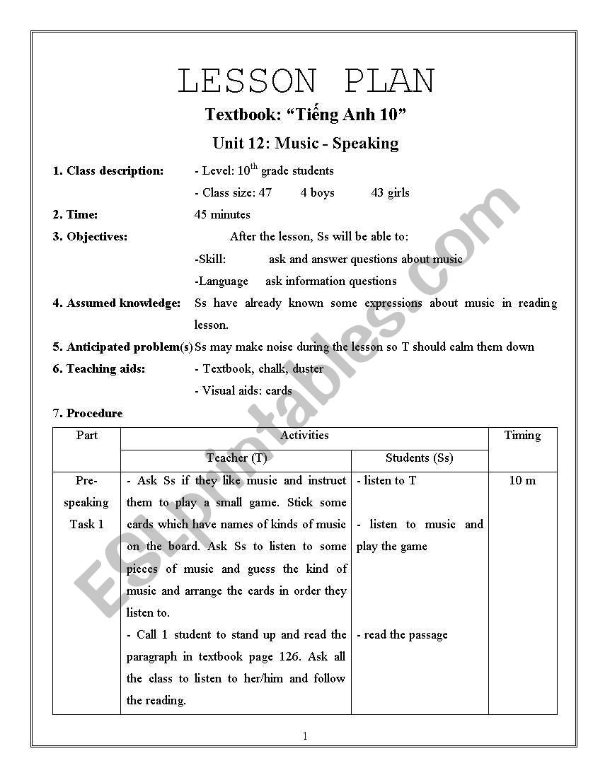 UNIT 12 MUSIC - SPEAKING worksheet