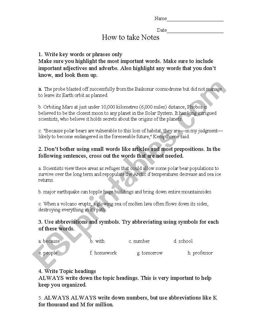 taking notes worksheet