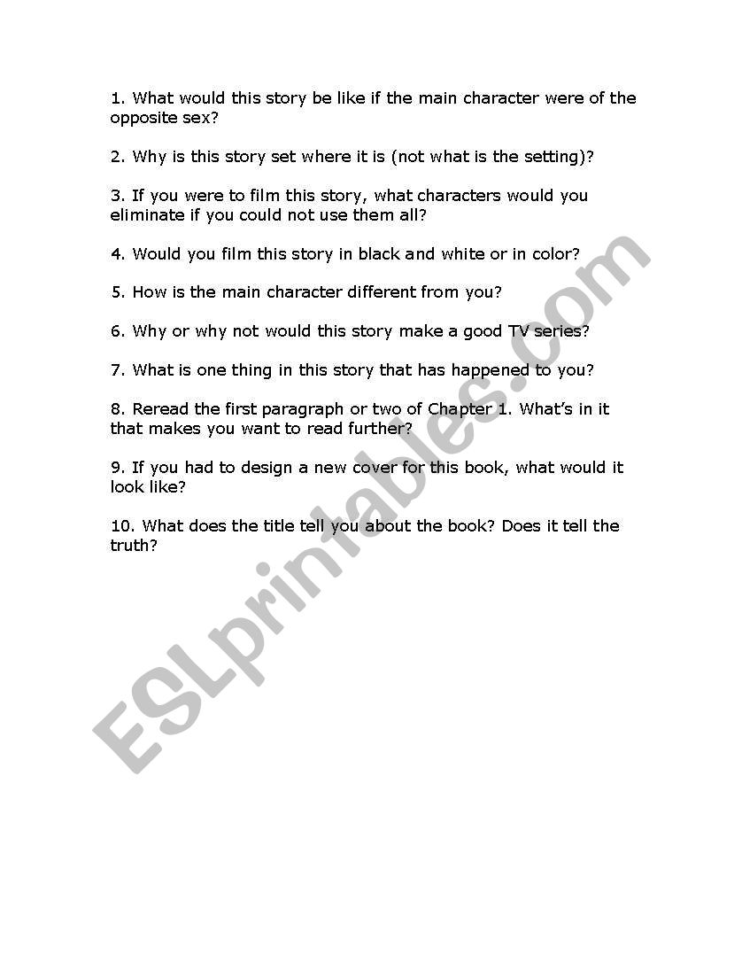 Novel Questions worksheet
