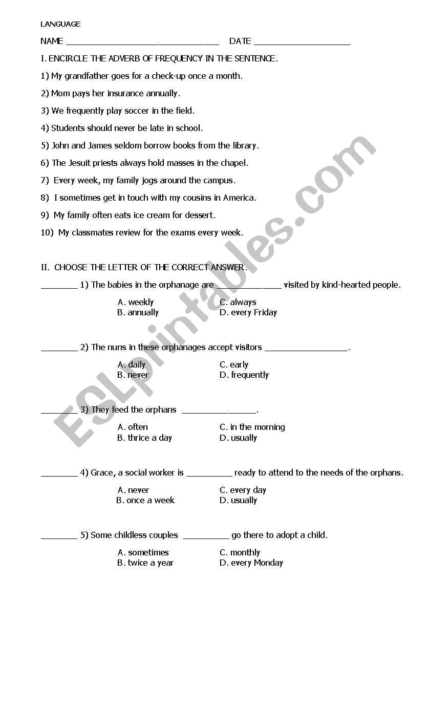 ADVERB OF FREQUENCY worksheet