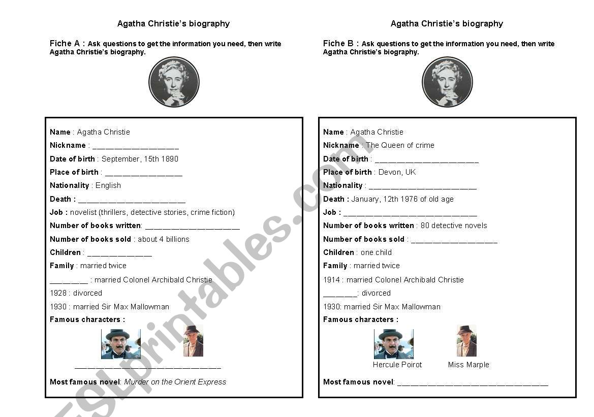 Agatha Christies biography worksheet