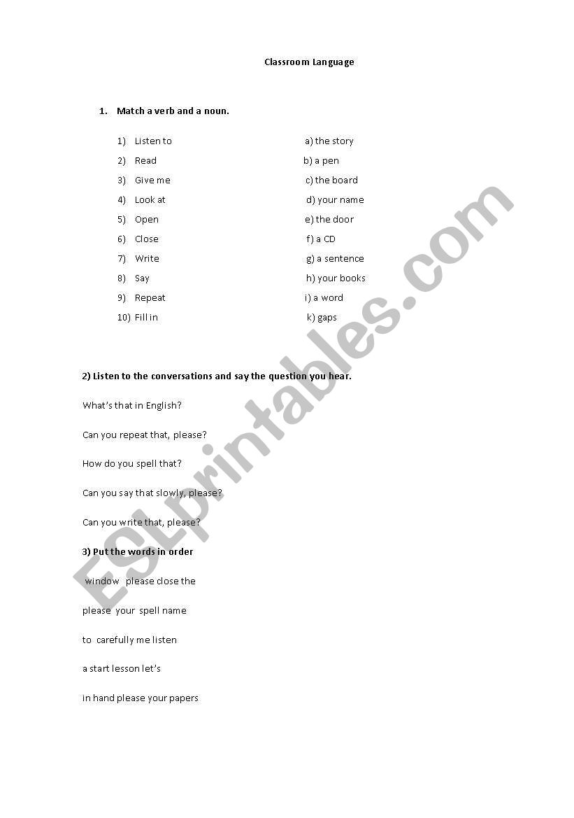 classroom commands worksheet