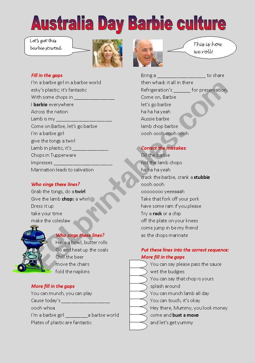 Australia day Barbie culture worksheet