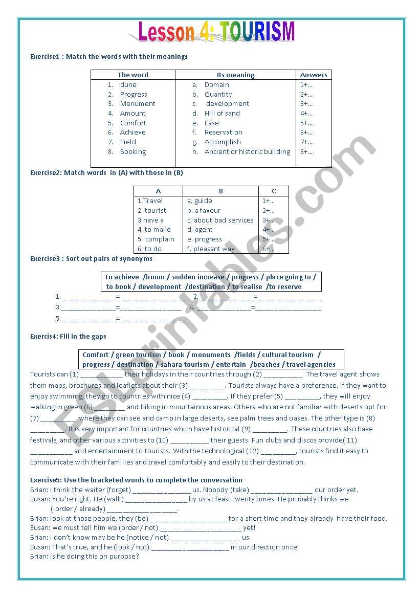 tourism worksheet