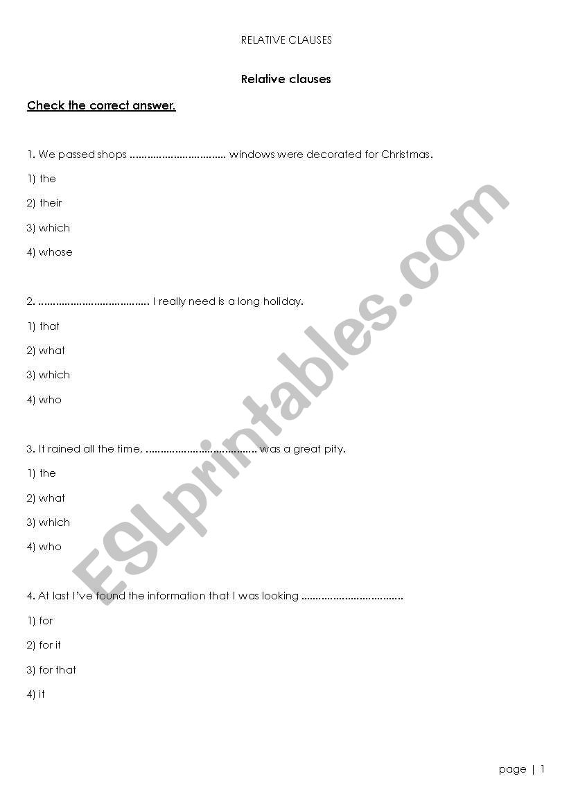 relative clauses - test worksheet