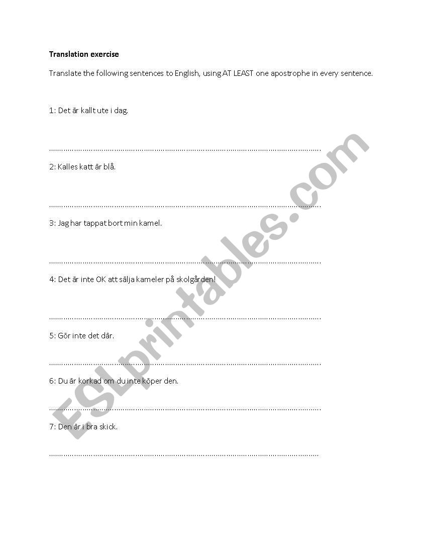 Apostrophe Exercise, basic worksheet