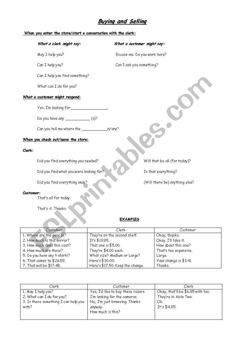 Buying and selling worksheet