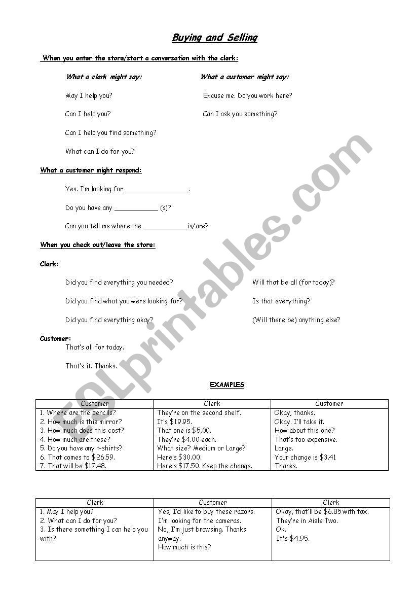 Buying and selling worksheet
