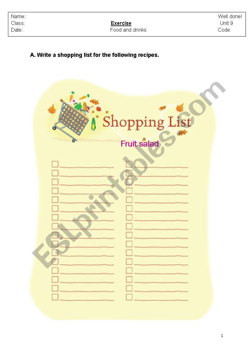 Food exercise worksheet
