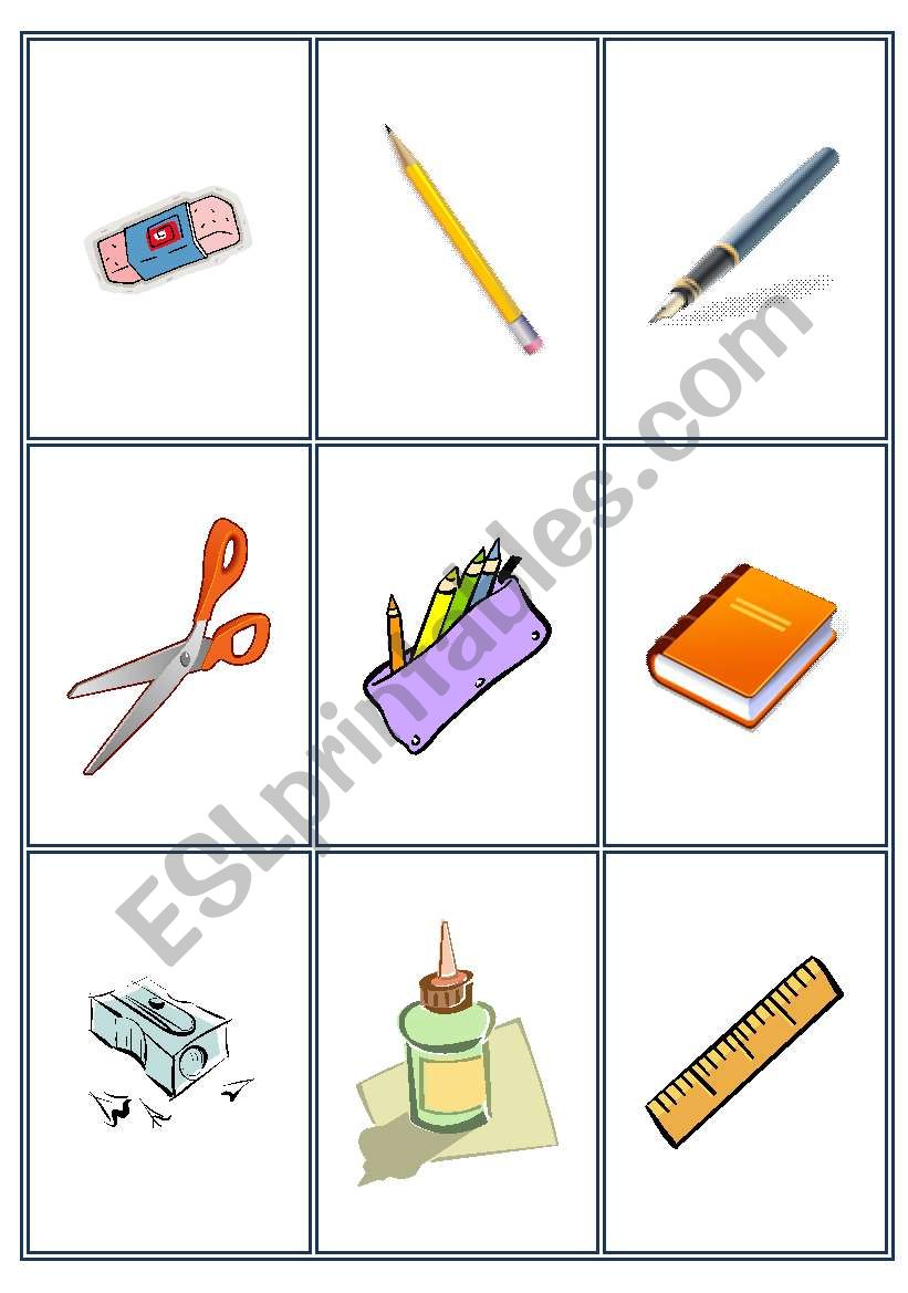Bingo game with school items worksheet