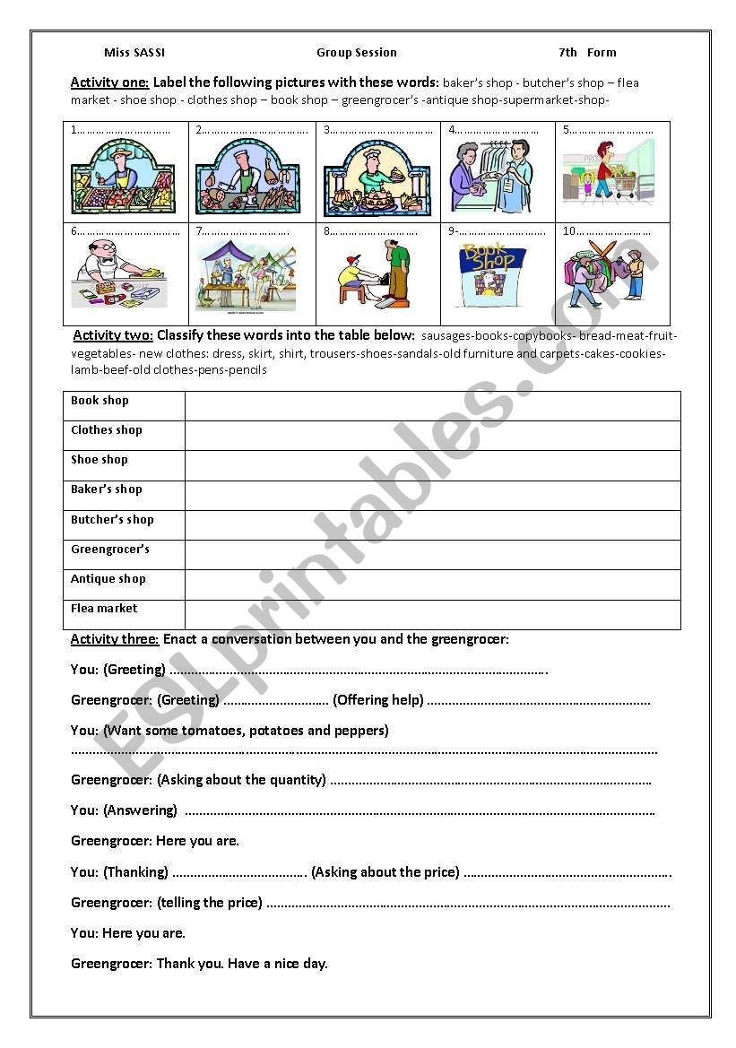 group session about shops worksheet