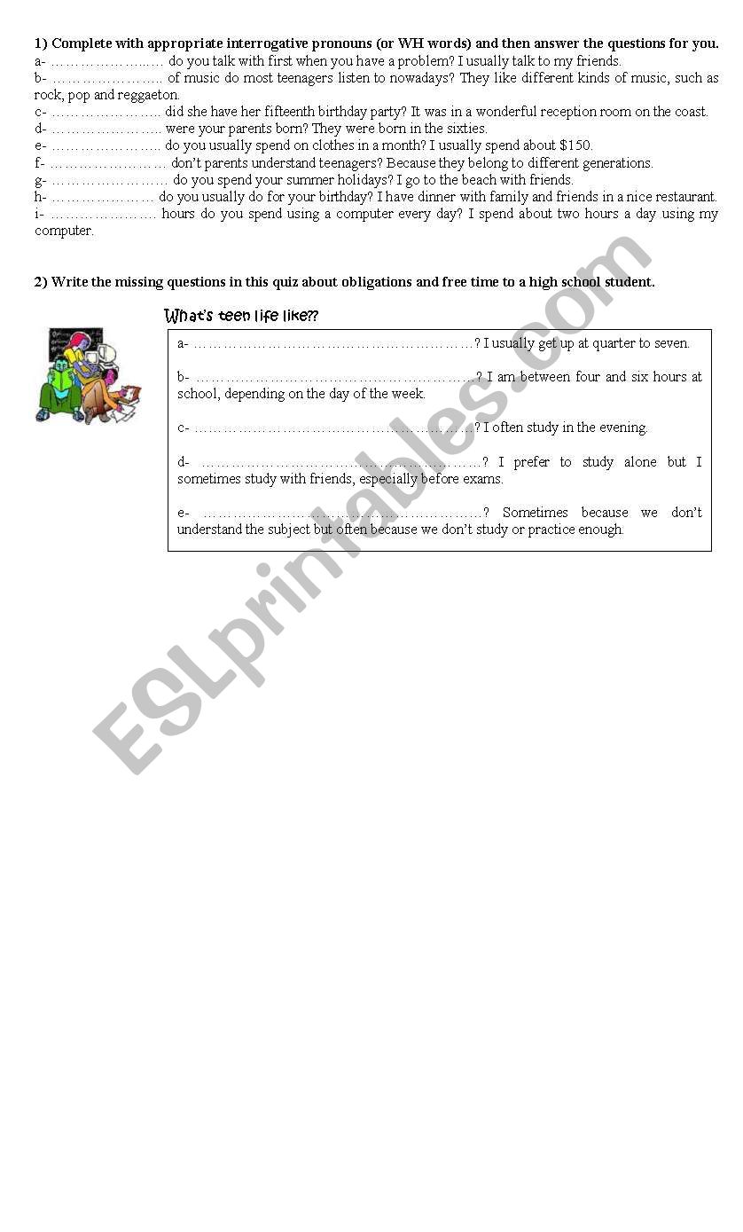 Teen life worksheet