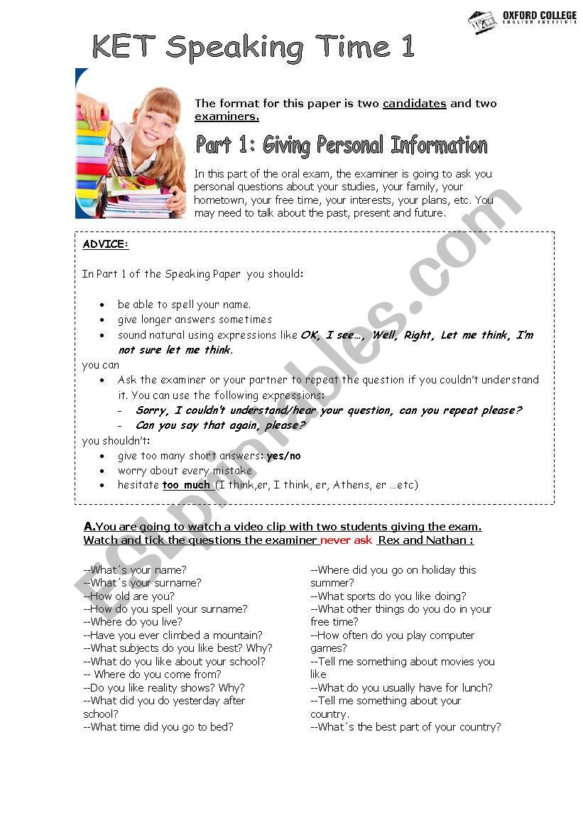 KET SPEAKING PRACTICE PART 1 worksheet