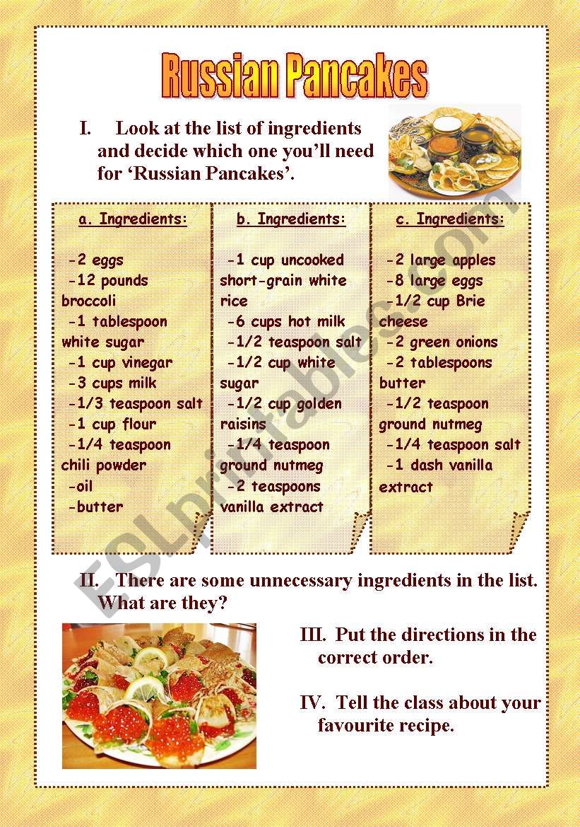 Russian Pancakes Recipe worksheet