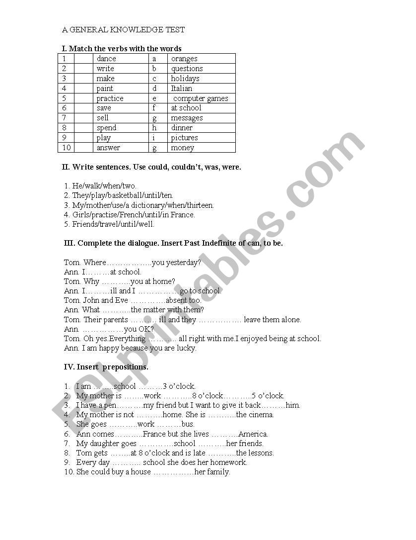 A GENERAL KNOWLEDGE TEST  worksheet