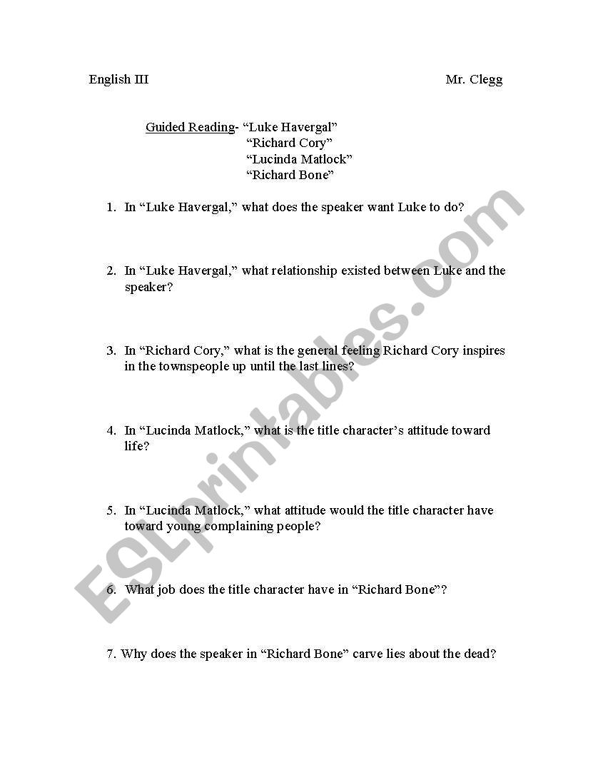 Guided Reading- Poems by Robinson and Masters