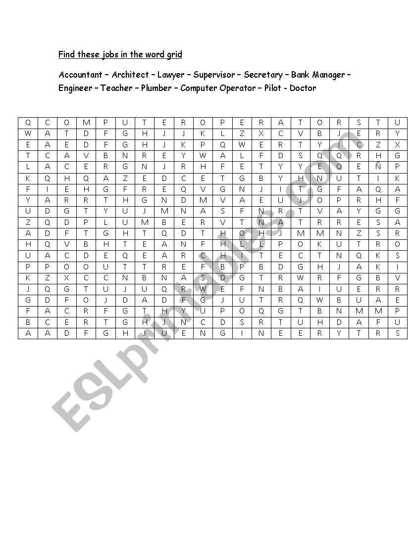 Word Grid Jobs worksheet