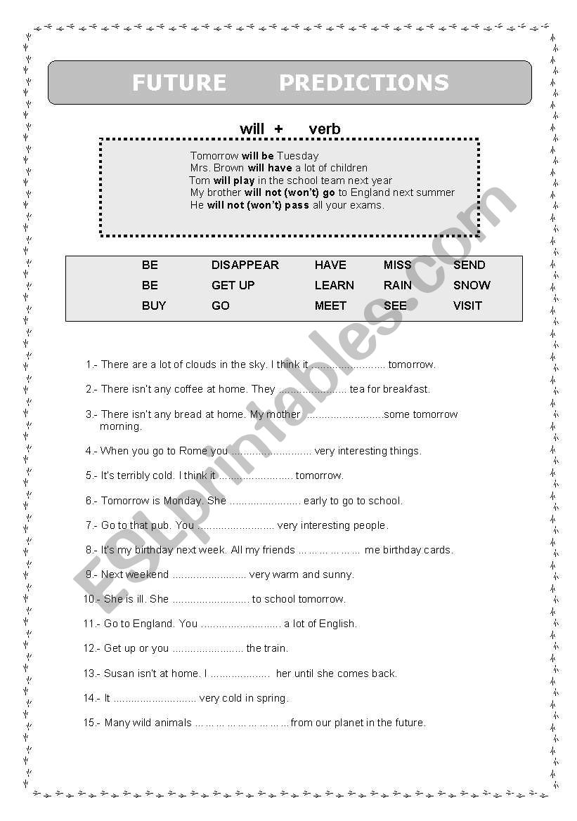 Future (WILL for predictions) worksheet