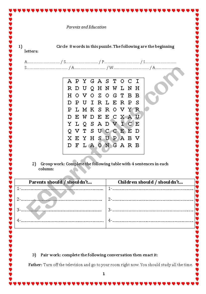 Parents and education worksheet