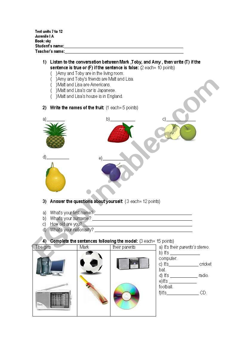 Test for beginners worksheet