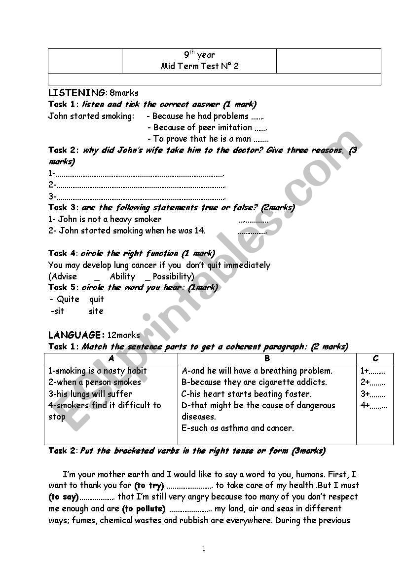 listening and language test worksheet