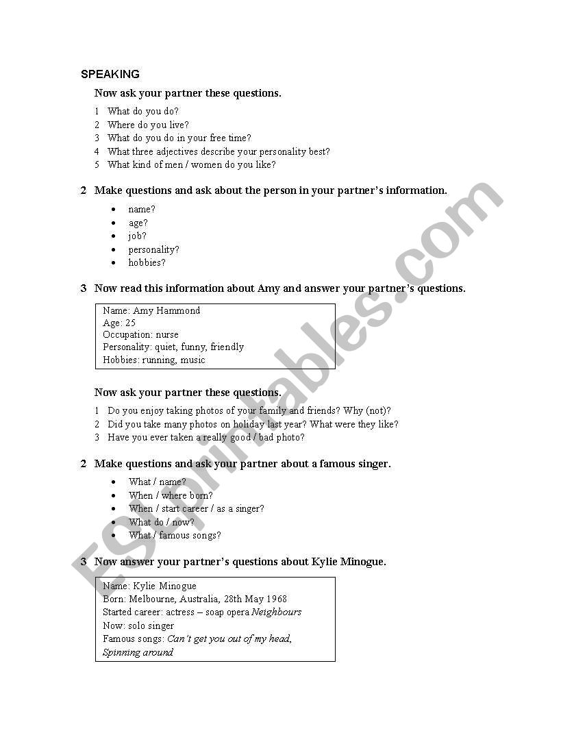 Speaking test worksheet