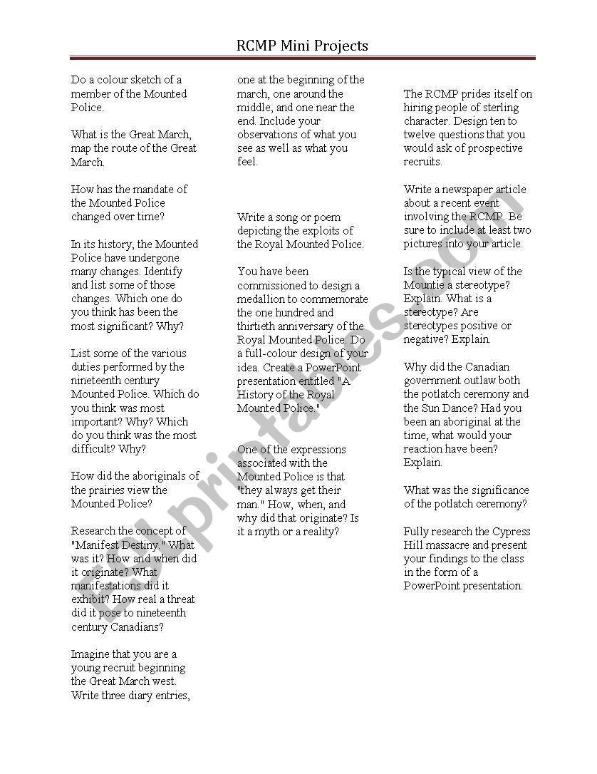 RCMP Mini Projects worksheet