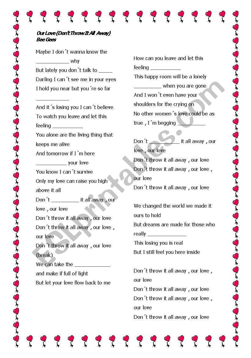 Bee gees - our love worksheet