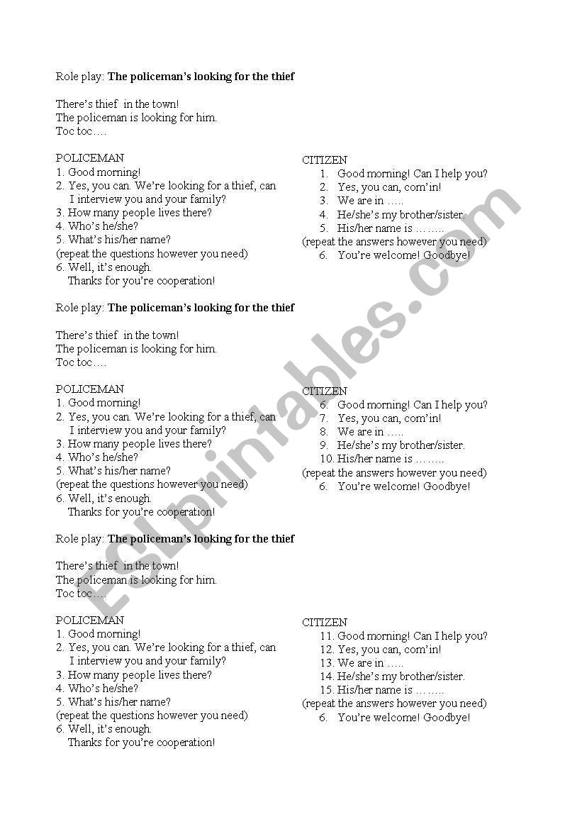 ROLE PLAY POLICEMAN worksheet