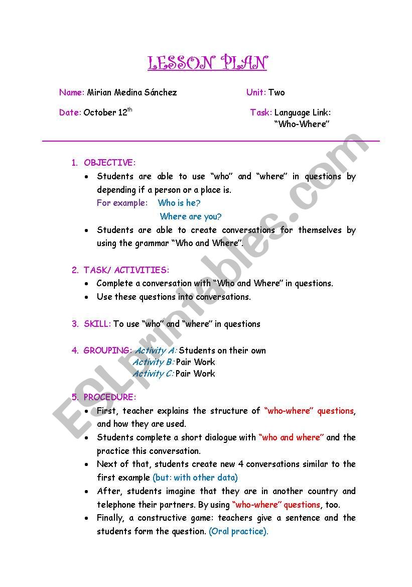 Lesson plan worksheet