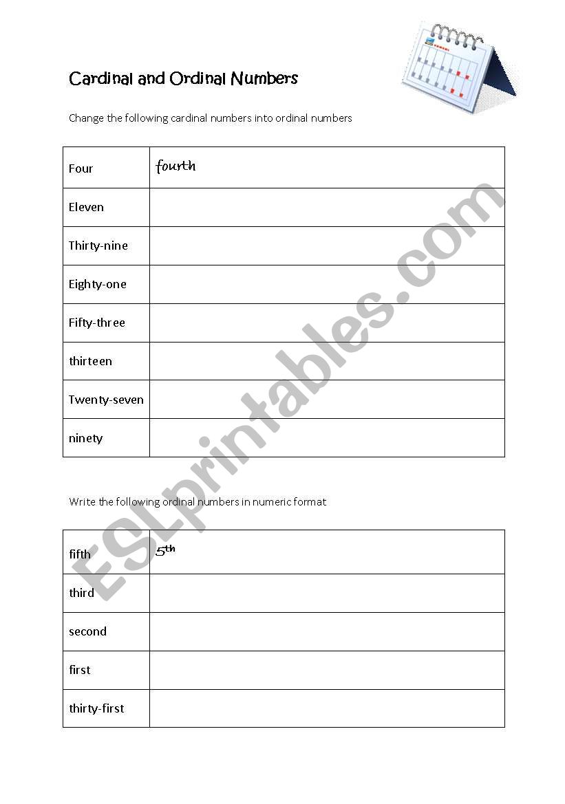 ordinal/cardinal numbers worksheet