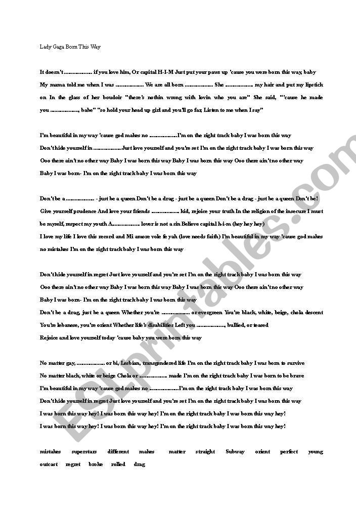 Lady Gaga/Born This Way Song Worksheet