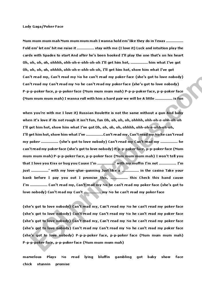 Lady Gaga/ Pokerface Song Worksheet