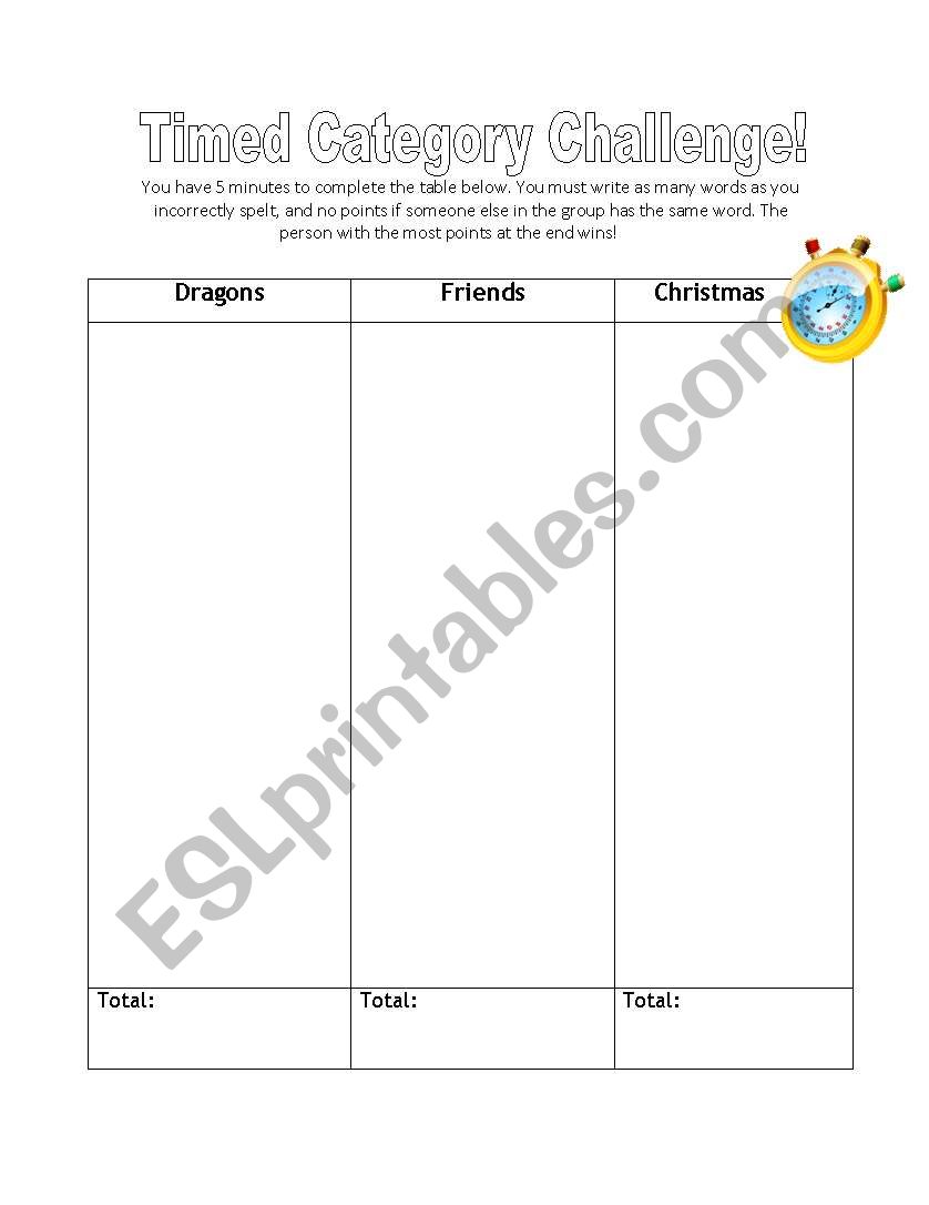 Timed Category Challenge!! worksheet