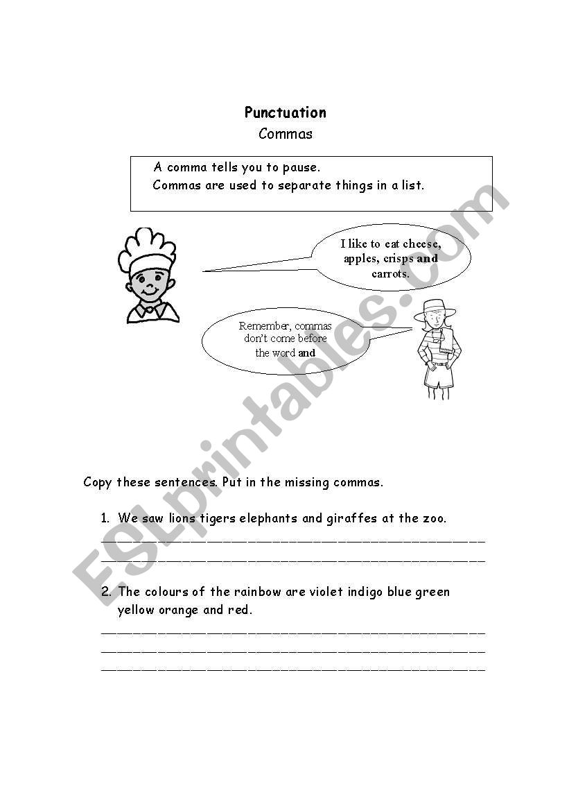 Punctuation-Use of commas worksheet