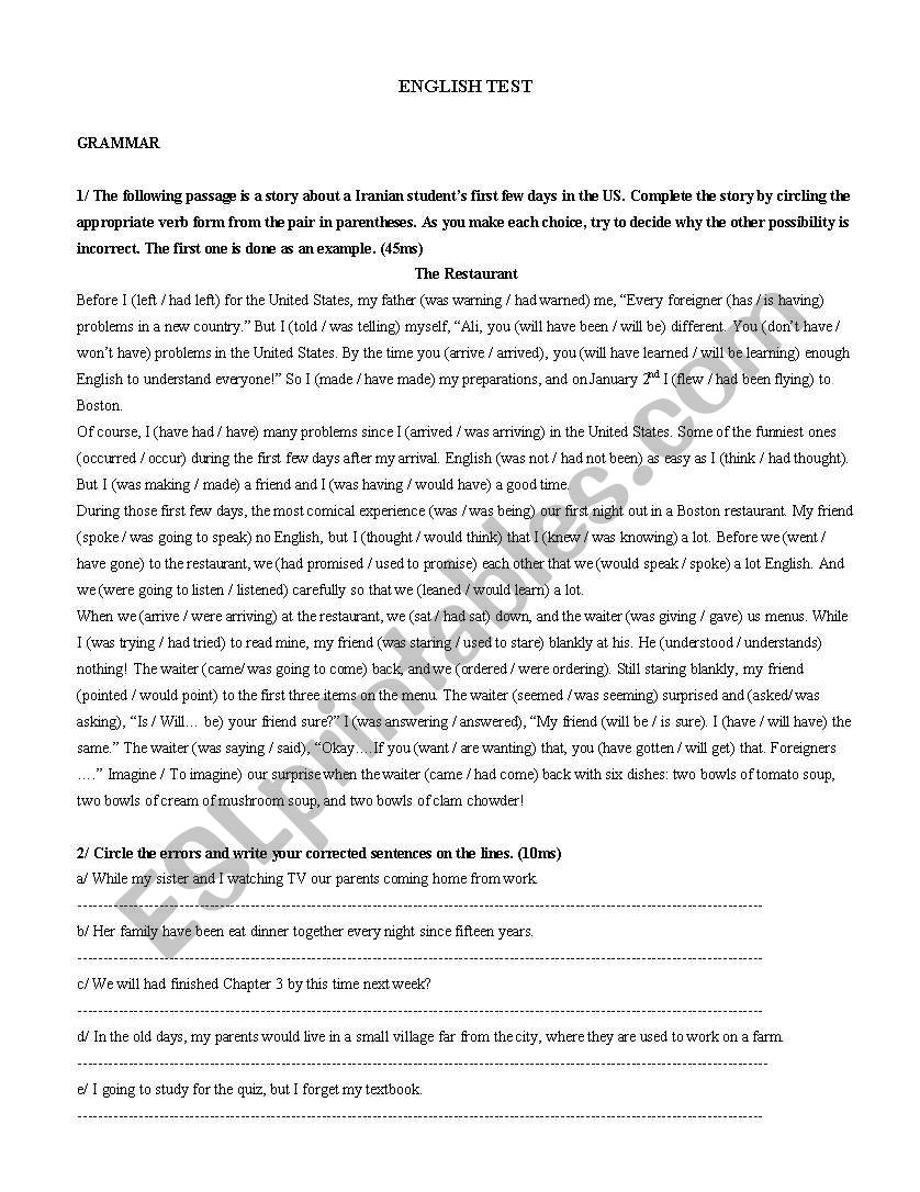 English test worksheet