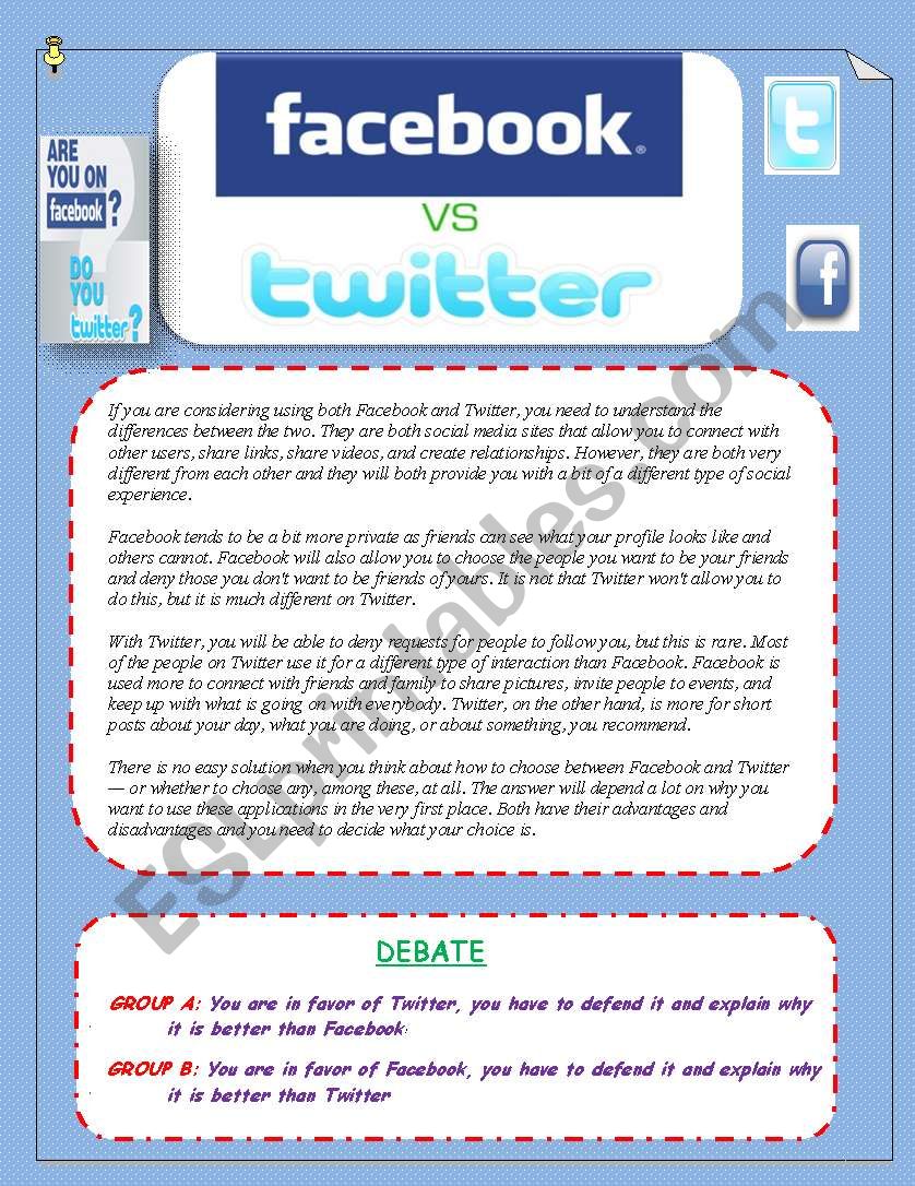 FACEBOOK  VS TWITTER  Reading and Speaking activities