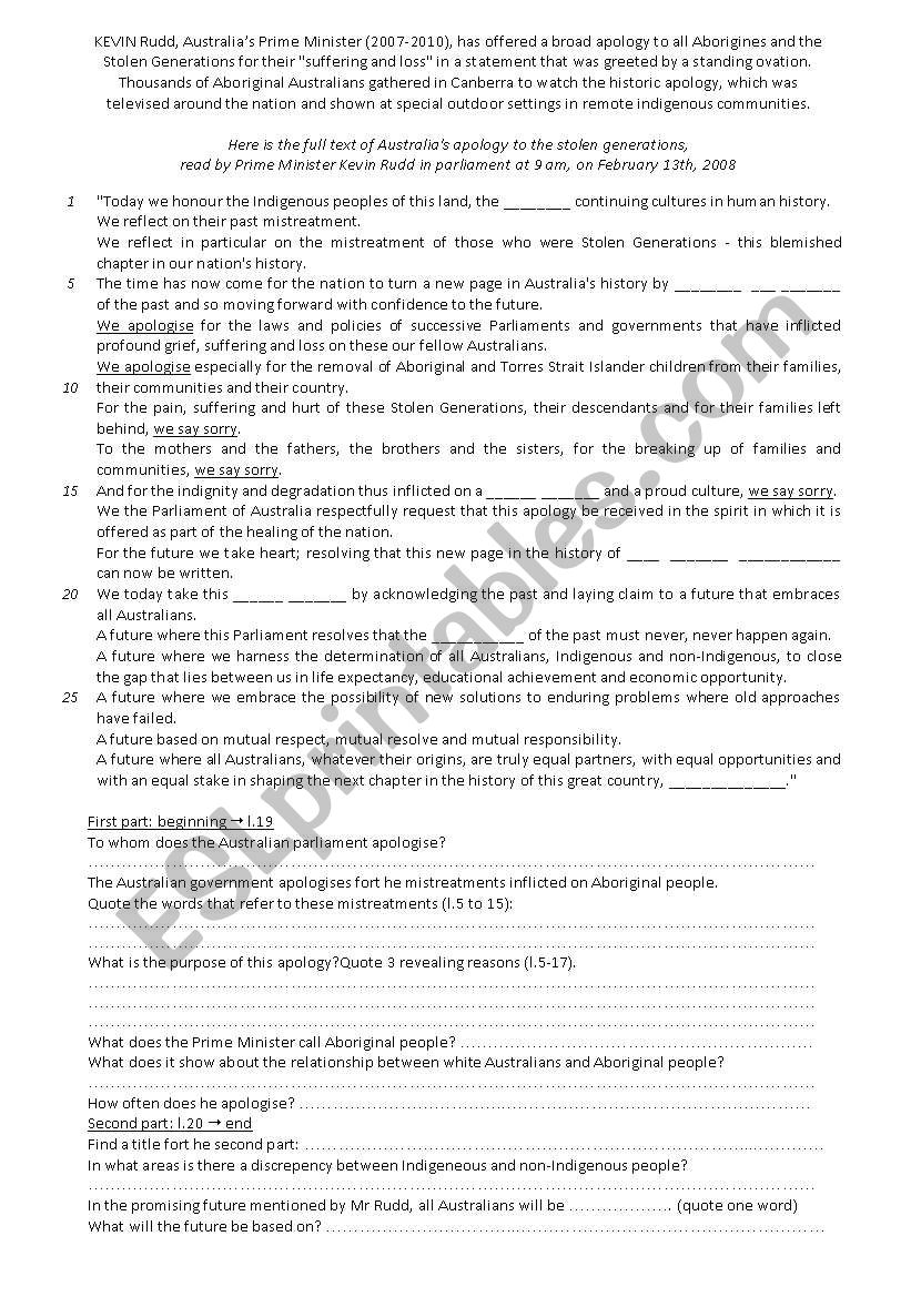 mund Betydelig femte Apology Speech to the Aboriginal people + key - ESL worksheet by ilonazoe