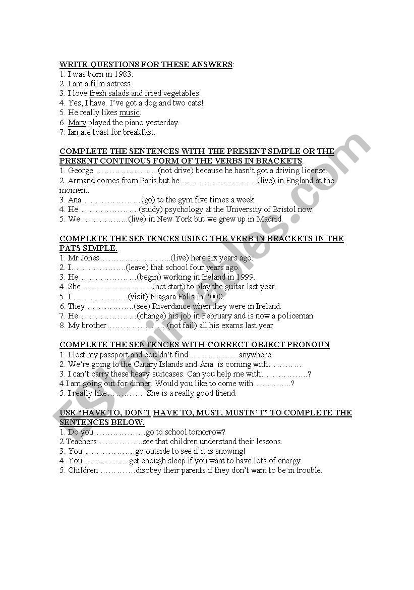 grammar test worksheet