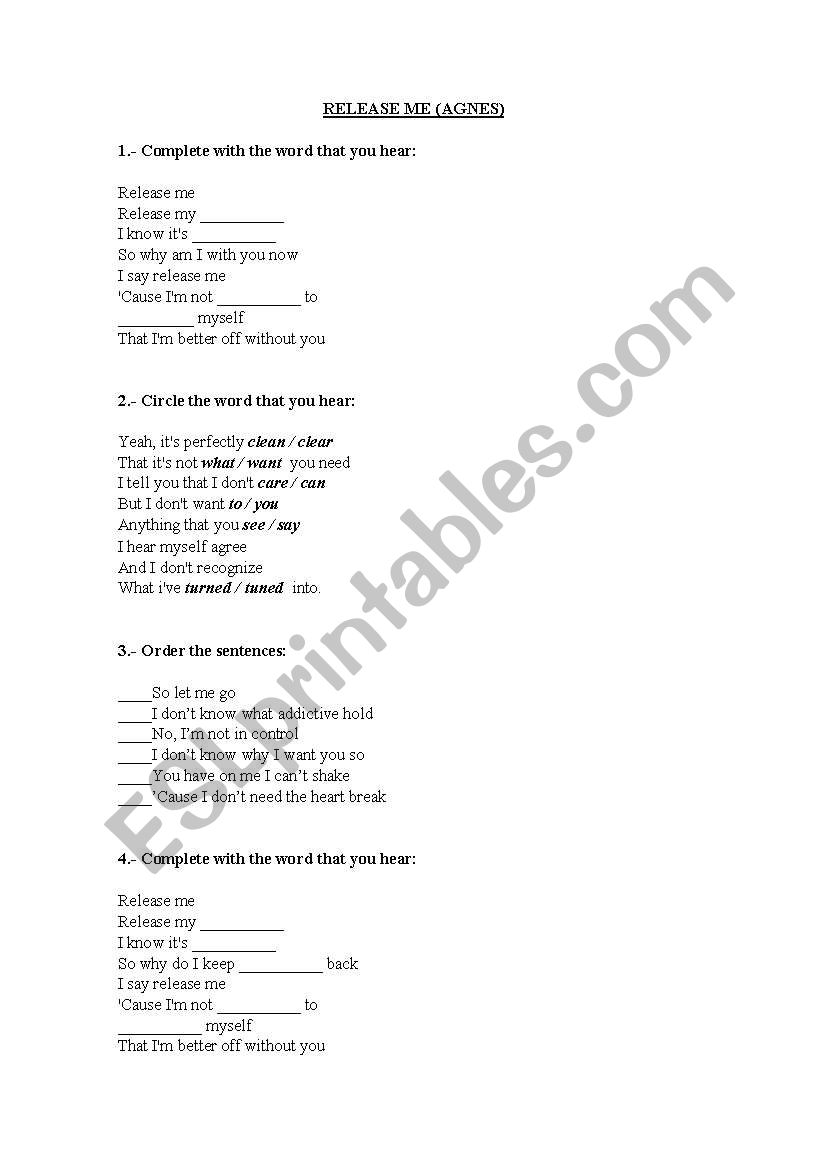 Release me by Agnes worksheet