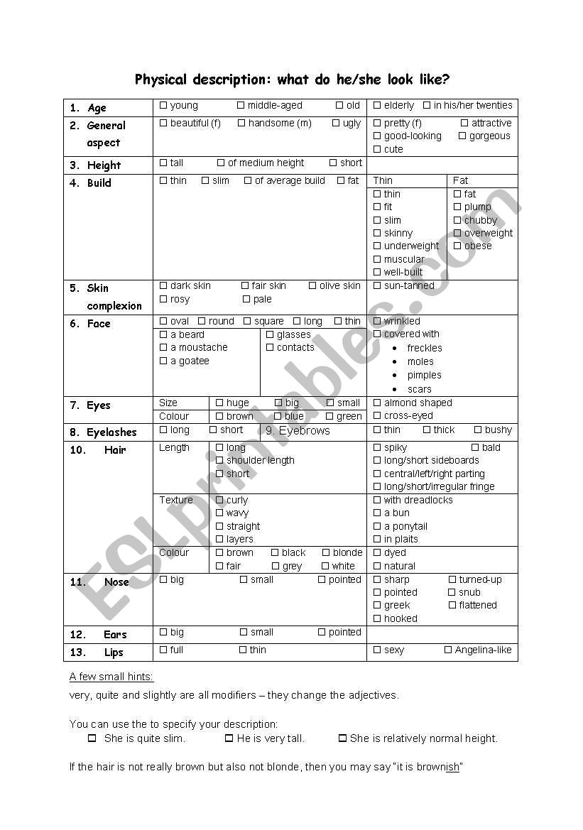 Describing worksheet