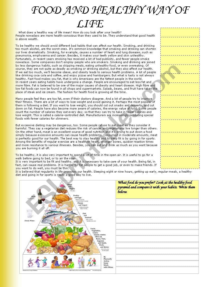 Food and healthy way of life worksheet