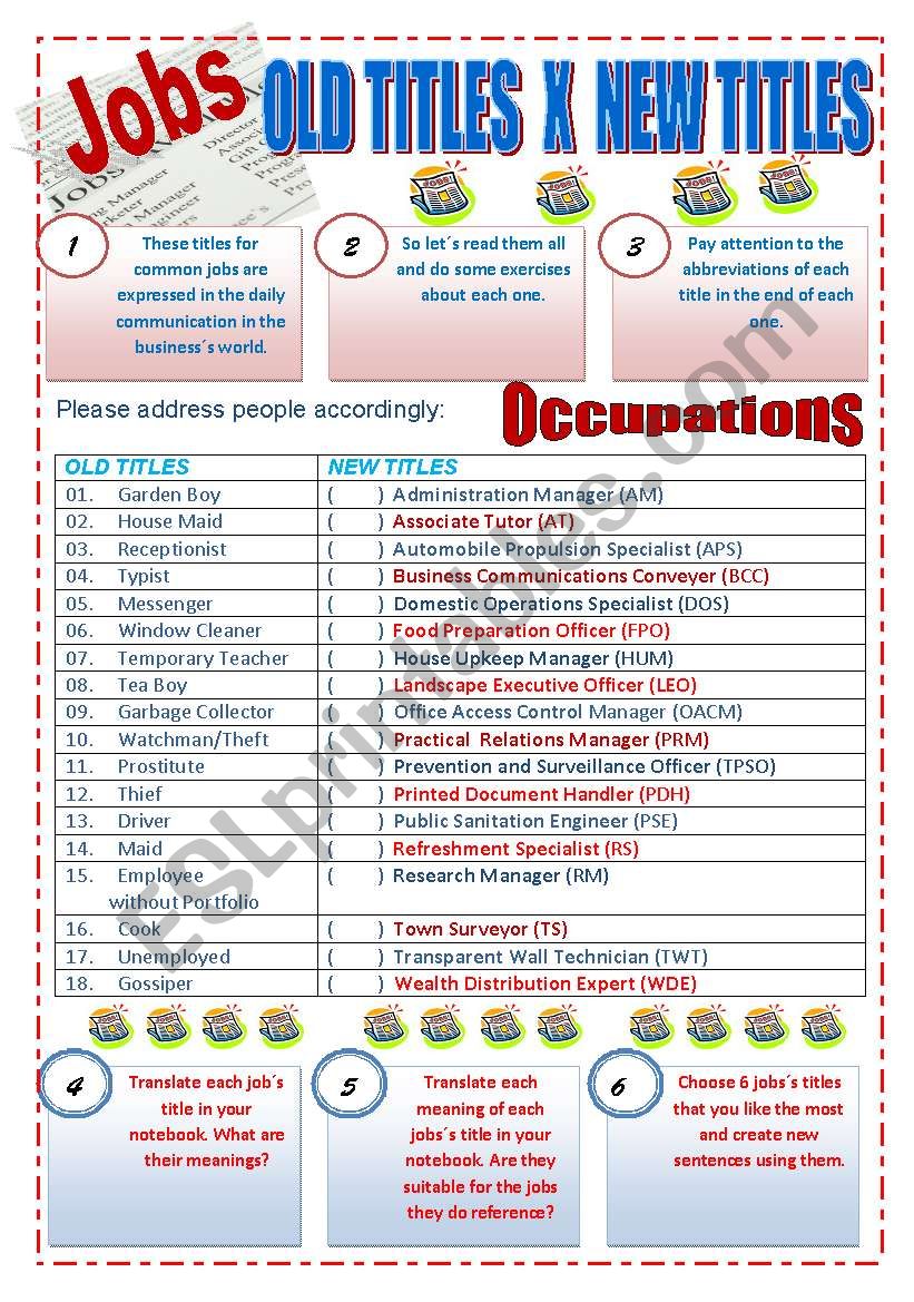 JOBS - OLD TITLES X NEW TITLES - (3 pages) with 9 Exercices about jobs and titles with answer keys