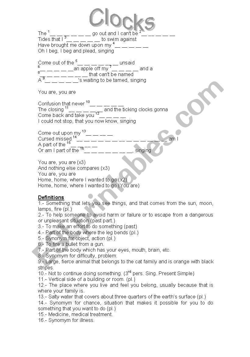 Clocks by Coldplay worksheet