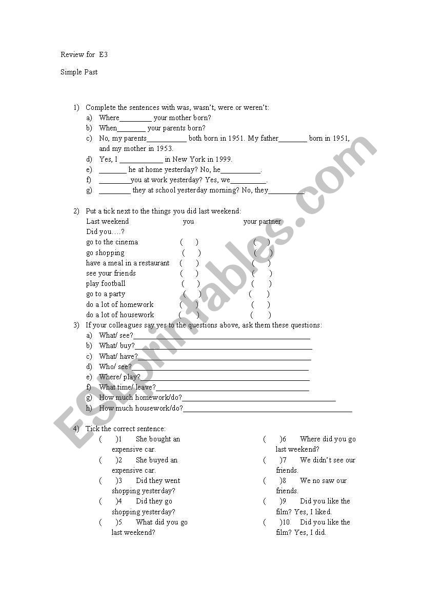 Review: Simple Past worksheet