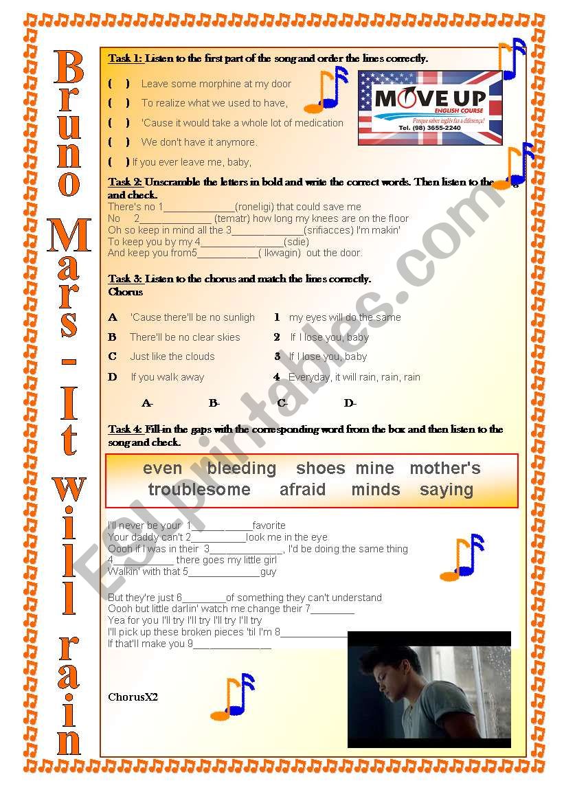 It will rain - Bruno Mars worksheet