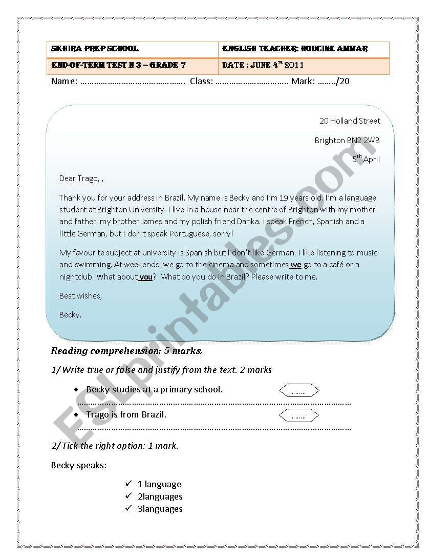 grade 7 test  worksheet